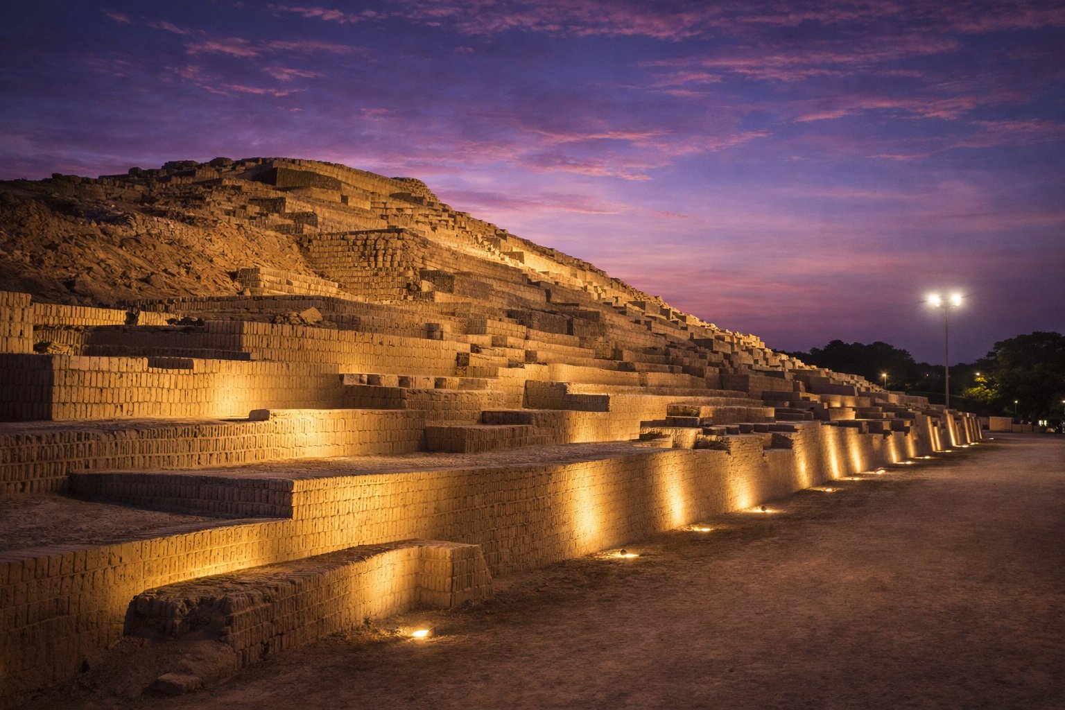 Huaca Pucllana illuminated pyramid at night in Lima