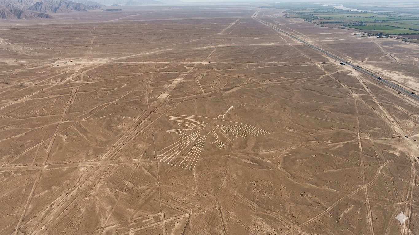 Aerial view of Nazca Lines hummingbird geoglyph in the Peruvian desert